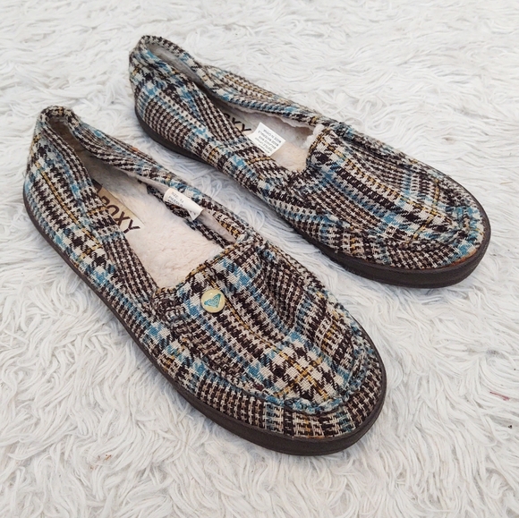 Roxy Plaid Furry Lined Loafer Flats 